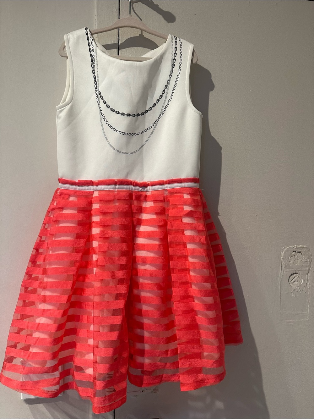 Girls' White Bodice Coral Stripe Skirt Party Dress